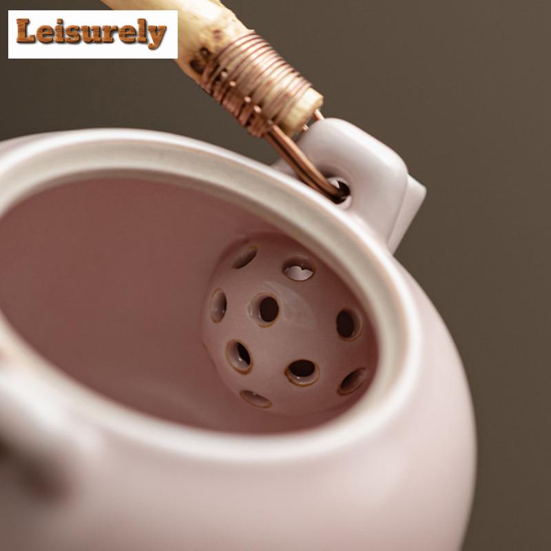 230ML Antique Pink Peony Flower Ru Kiln Lifting Handle Teapot Tea Infuser Pot Tea Brewing Kettle With Filter Chinese Tea Set