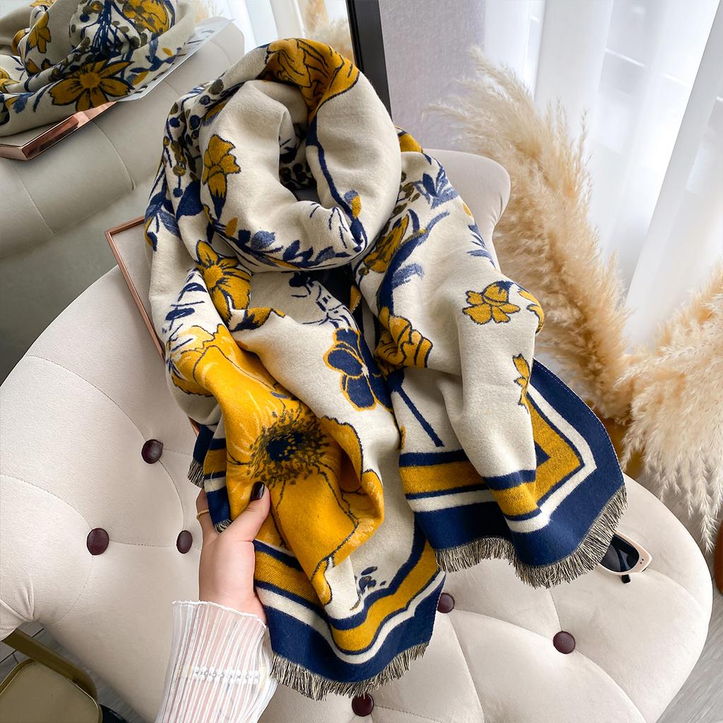 Women's Double-Sided Floral Print Faux Cashmere Scarf Soft Cozy Pashmina Shawl Autumn Winter Cold-Resistant Windproof Blanket