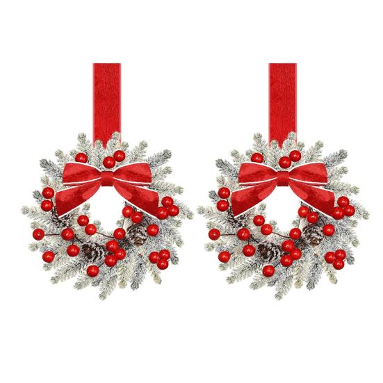 Mini vánoční věnec s červenou sametovou mašlí Dekorace na dvířka skříňky pro kuchyňské okno Selský dům Vchodové dveře Zeď Krb Bobulová girlanda