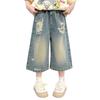 Girls' Summer Denim Wide-Leg Capri Pants - Ripped Korean Style