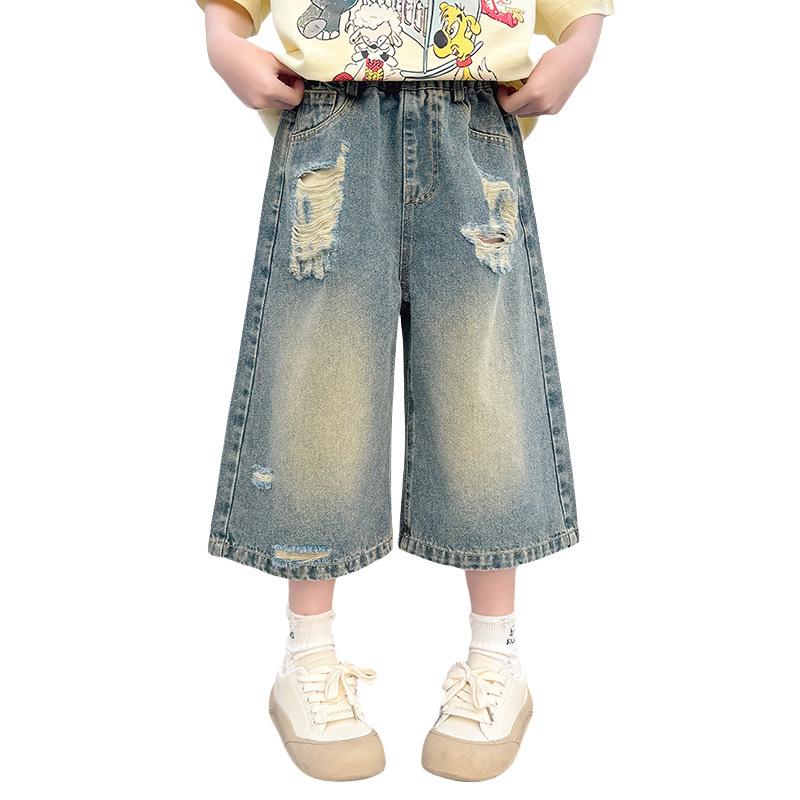 Girls' Summer Denim Wide-Leg Capri Pants - Ripped Korean Style