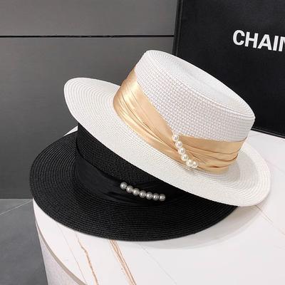Pearl Top Hat Children Summer Beach Flat Top Straw Hat Seaside Sunshade Sunscreen Hat UV Protection Sun Hat