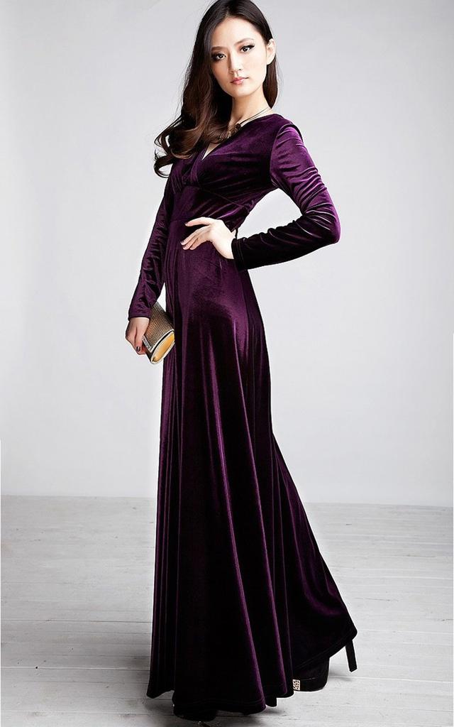 Platinum Liberty long perfect for parties and dance Velvet dress size V-neck, high-waisted, empire-waisted, maxi-length dress, halls. (purple, L).