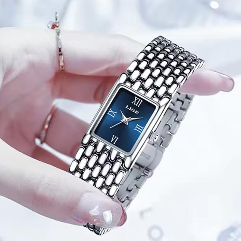 LIGE New Design Ladies Watch Fashion Quartz Wristwatch Silver Simple Square Women Watches Luxury Stainless Steel Folding Clock