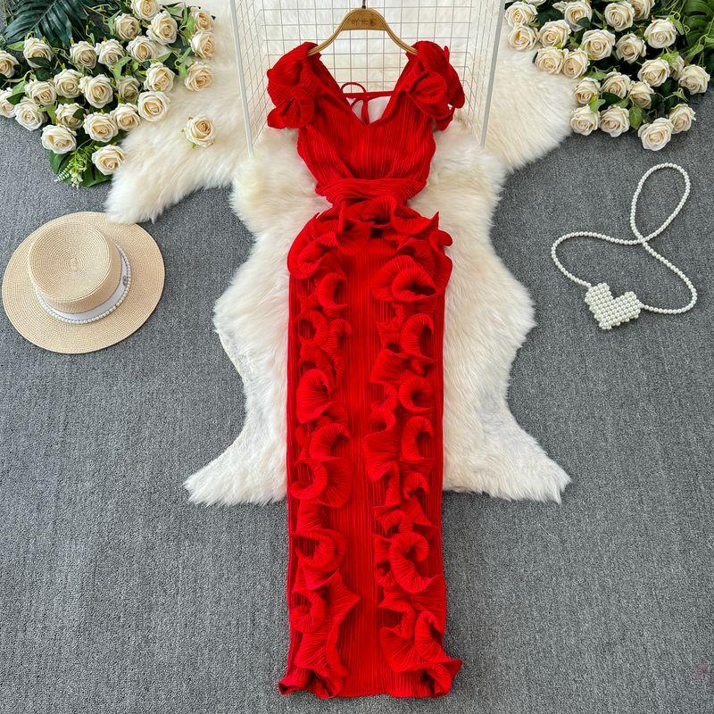 

Accessible Luxury Banquet Pleated Three-Dimensional Silm Dress Dress Red One size