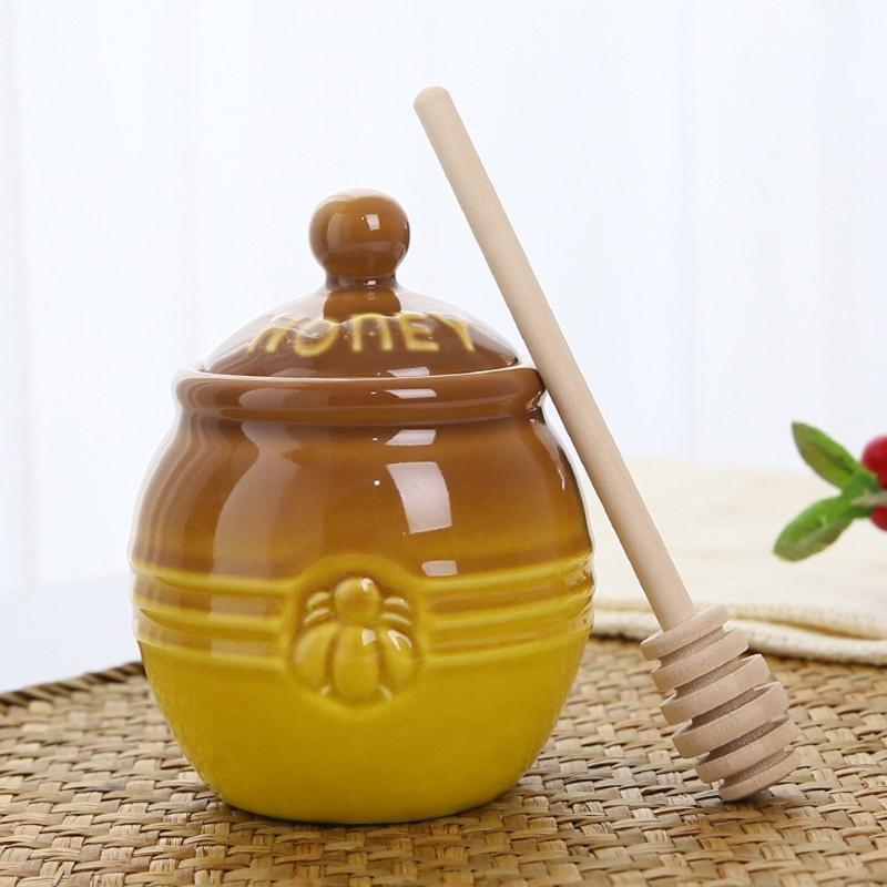 Set Retro di Vasi per Miele con Bastoncino di Legno Contenitore Ceramico Artigianale e Mescolino in Legno per la Cucina di Casa
