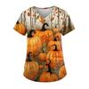 Plus Size Halloween Printed Working Uniform Tops For Women V-Neck Short Sleeve T-Shirts Workwear Tee With Pockets