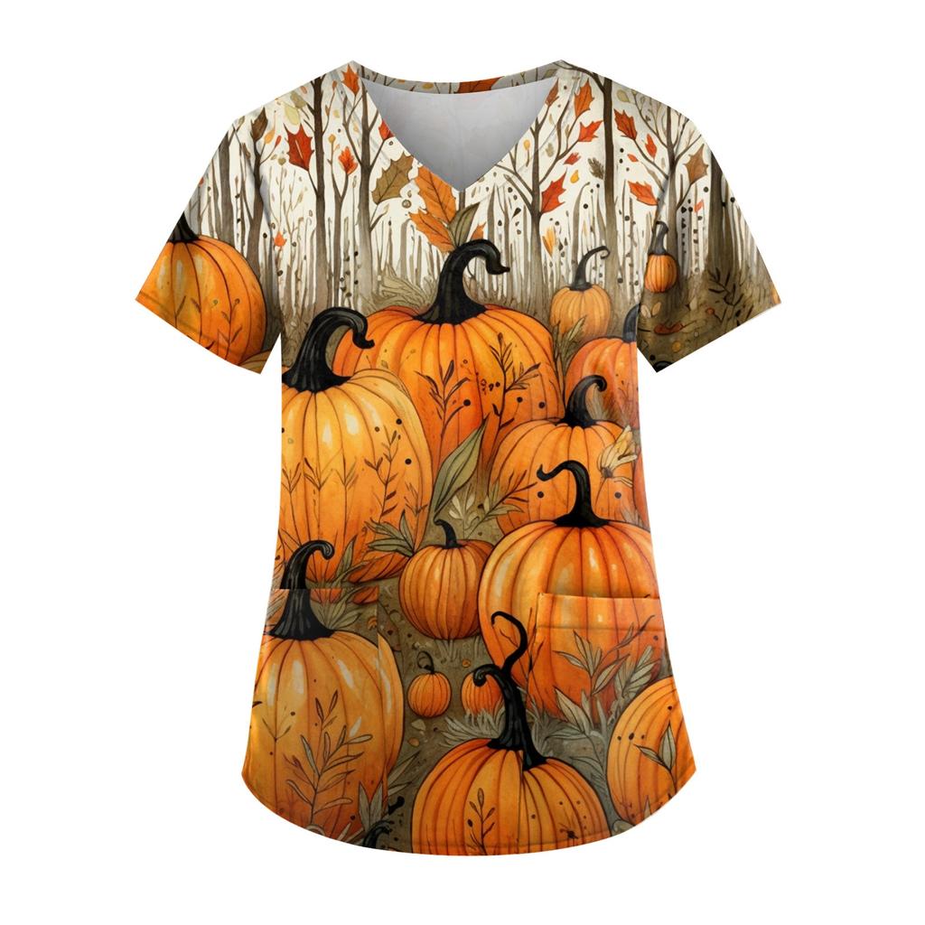 Plus Size Halloween Printed Working Uniform Tops For Women V-Neck Short Sleeve T-Shirts Workwear Tee With Pockets