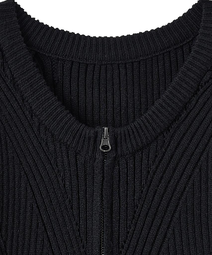 Noirer Wool Ribbed Zip-Up Cardigan (Black)