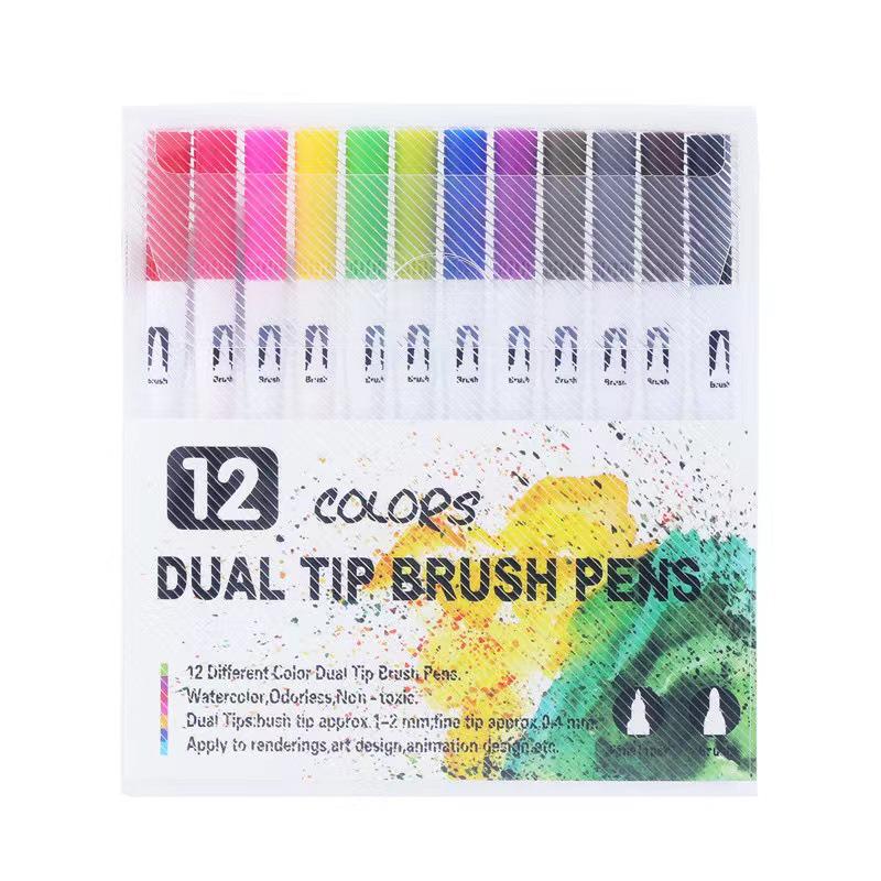 Water-based Double-ended Watercolor Pen Set with Colored Fine Liner and Soft Tip