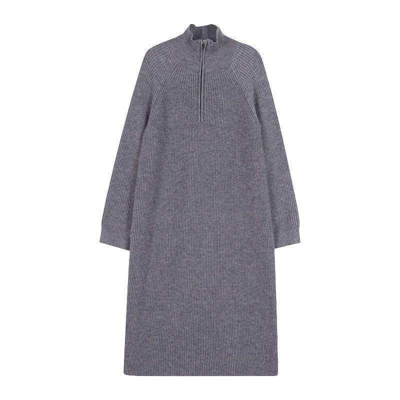 Sweater Dress Female Solid Knee Length Mid Length Loose Bottomed Knit Dress with Wool Long Sleeve Pullover Women