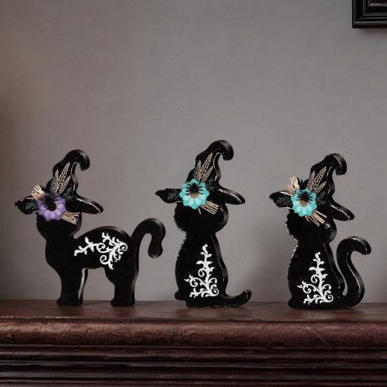 Witch Hat Table Decorations 3Pcs Halloween Decoration, Black Cat Ghost Decor, Figurines Rustic Farmhouse Wooden Centerpieces for Home Office