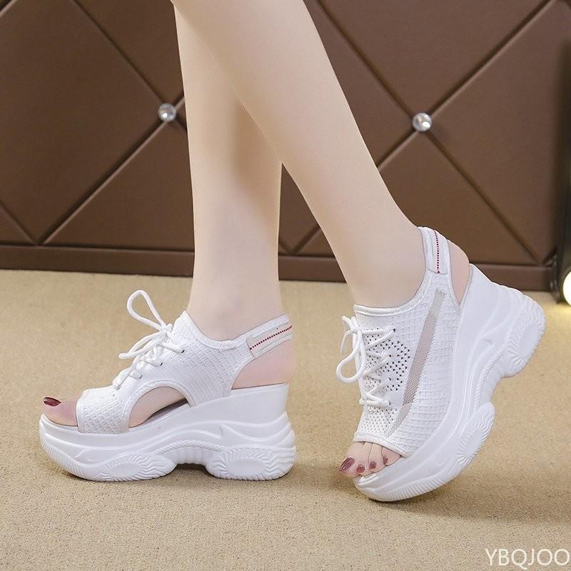 Woman Summer Sneakers Hollow Out Sandals Lace Up Fabric Sandal Outdoor Female Shoes Slope Heel Fish Mouth Women's Shoes Zapatos