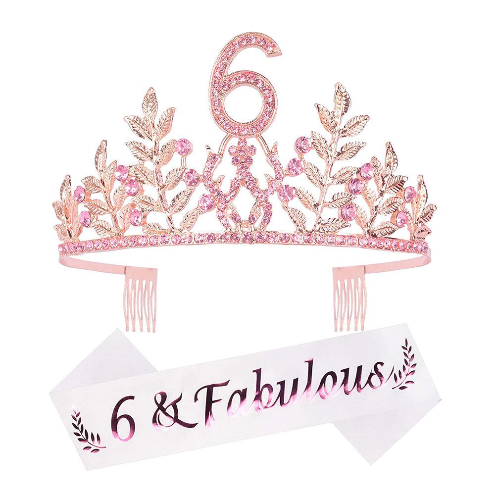 Birthday Crown and Sash Set Rose Gold Rhinestone Leaf Crown Strap Party Decorations for Girls and Women WB075