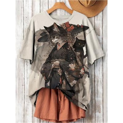 T-shirt da Donna con Stampa 3D di Gatto Cartone Animato Harajuku T-shirt Cartone Animato Top Casual a Manica Corta Maglietta Girocollo Abbigliamento Femminile Oversize