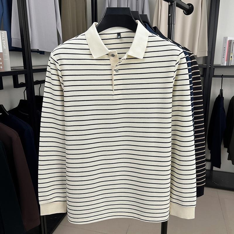 Winter Men s Long Sleeve Yarn-Dyed Striped T-Shirt Lapel Collar Top Long Sleevepolo M