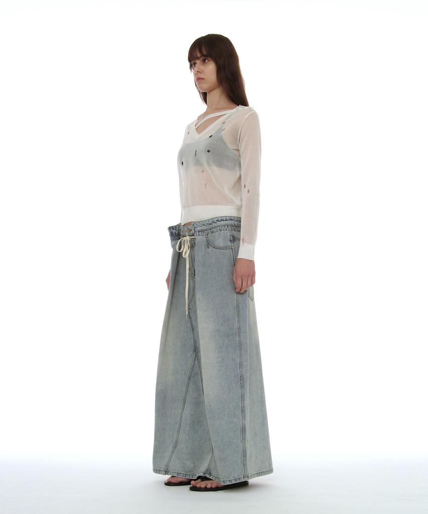 Partimento Woman Drawstring Denim Maxi Skirt_Light Blue