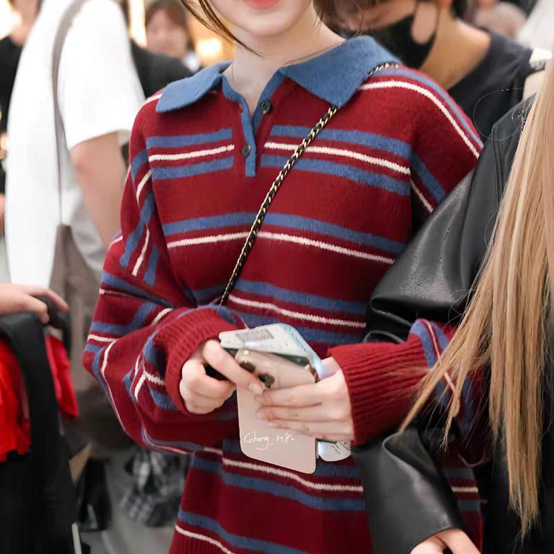 Ye Shuhua College Style Striped Lapel Knitwear Top for Women - Autumn Winter Thick Loose Fit.