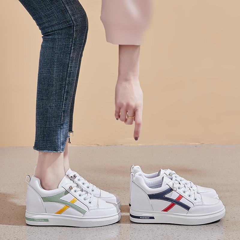 Spring Leather Little White Shoes Women's, Inner Height Increase Lace-up Casual Color Matching Female Student Shoes