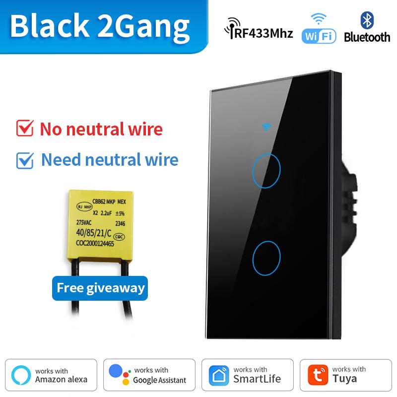 TNCE Tuya WiFi/Zigbee Умный выключатель света Нейтральный провод/Не требуется нейтральный провод Настенный сенсорный выключатель Работает с Alexa Google Home WIFI Blakc 2Gang TNCE black