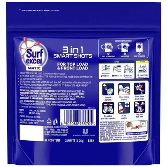 Surf Excel Matic 3 em 1 Smart Shots Para Máquinas de Carregamento Frontal, 728g 28 unid