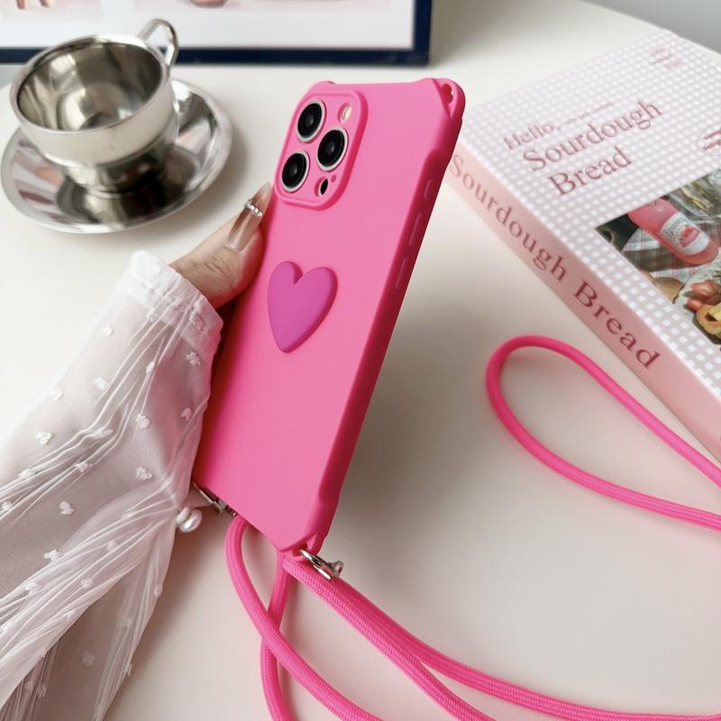 Cute Love Heart Pattern Solid Color TPU Soft Case For iPhone 16 Plus 15 Pro Max 14 Pro 13 12 11 Lanyard Lens Protection Matte Shockproof Phone Cover