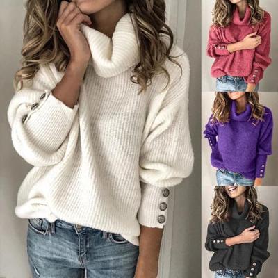 Frauen Rollkragen Pullover Taste Lange Hülse Lose Gestrickte Pullover Tops Rollkragen Tasten Manschette Pullover Damen Kleidung