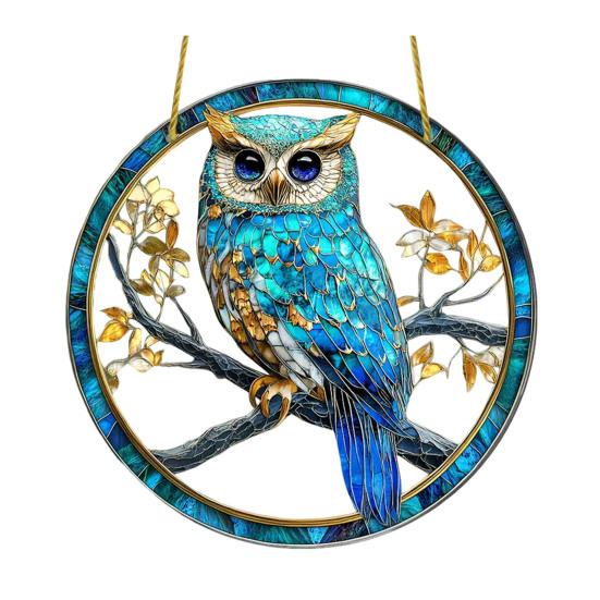 Owl Ornament Stained Glass Blue Green Sun Catcher Enchanting Birds Window Hanging Panel Kitchen Window Decor