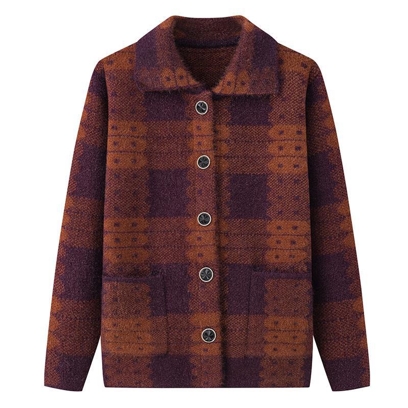 Grandma's Knitted Lapel Cardigan for Spring and Fall - Stylish Sweater for Middle-Aged and Elderly Women