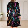 Women Plus Size V Neck Long Sleeve Colorful Abstract Printed Curved Hem Dress