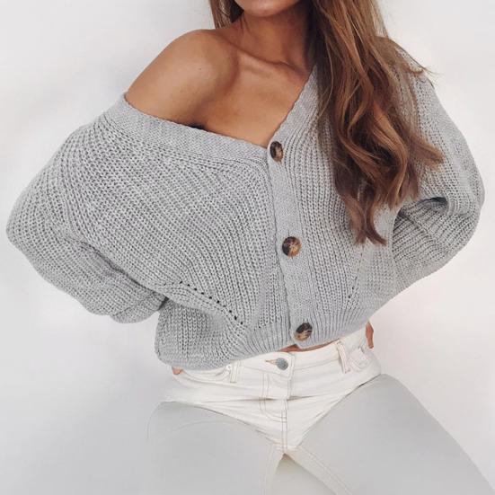 Cardigan Tricotado Cor Sólida Manga Longa Poliéster Abotoamento Simples Suéter Feminino para Outono