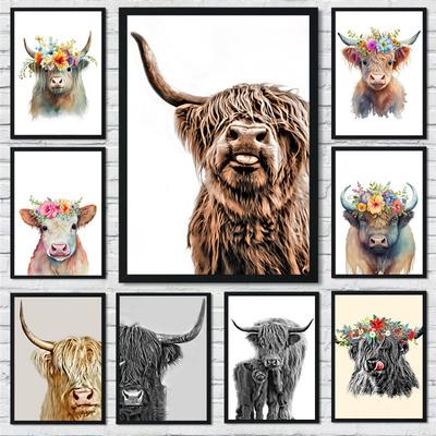 Abstract Cute Higland Cattle Art Canvas Paintings Watercolor Highland Cow Posters and Prints Wall Art Pictures for Home Decor