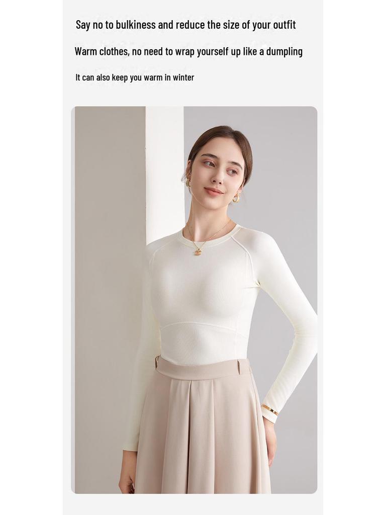 Damen Herbst/Winter Slim Fit Langarm Woll-Plus-Samt-Oberteil mit Rundhalsausschnitt