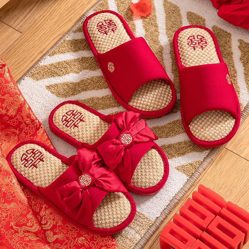 Wedding slippers festive bow big red pair of four seasons linen couple newlywed bride dowry slippers