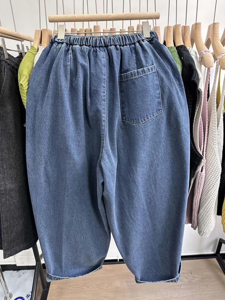 Xiao Wang's Spring Elastic Drawstring High Waist Loose Plus Size Retro Harem Jeans