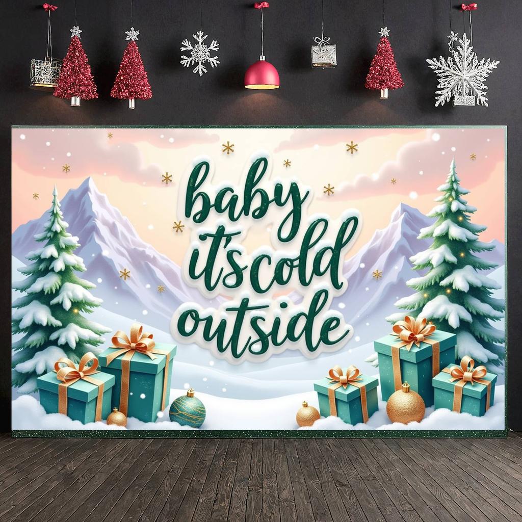Cold Outside Banner Gift Box Winter Backdrop Christmas Backdrop Green Lettering Xmas Banner For Holiday Celebration Christmas