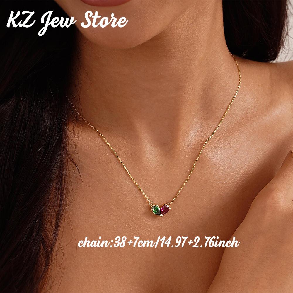 Personalized Two Birthstone Charm Necklace Teardrop Birth Stone Stainless Steel Anniversary Jewelry Christmas Birthday Gifts GOLD