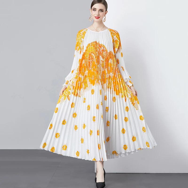 

XITAO плиссированные платья с длинными рукавами и принтом, свободные повседневные женские платья DMJ3897 One Size жёлтый