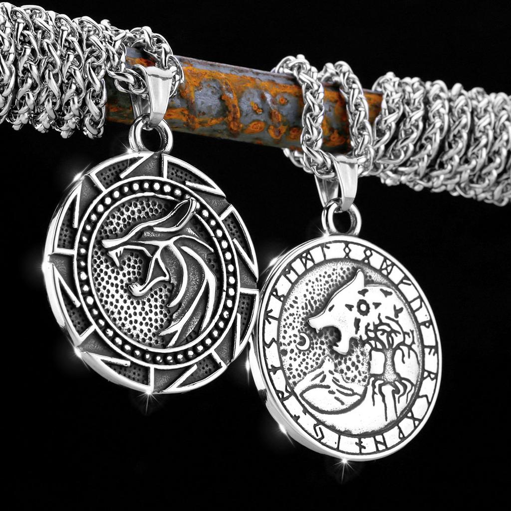 Mens Viking Wolf Pendant Necklace Stainless Steel Odin Runes Punk Rock Nordic Fashion Jewelry