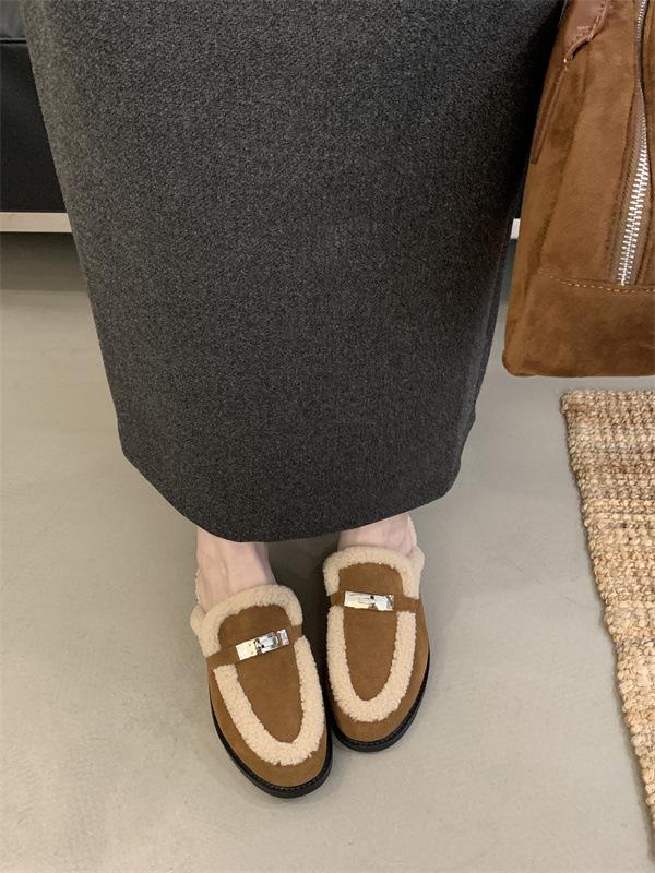 2024 Autumn/Winter Women's Fur-Lined Gold Lock Thick Heel Half Slippers
