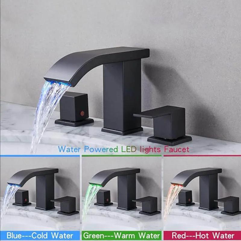 LED Waterfall Bathroom 3 holes Basin Faucets, 2 Handles Cold Hot Water Mixers Sink Tap RGB Color Change Powered by Water Flow