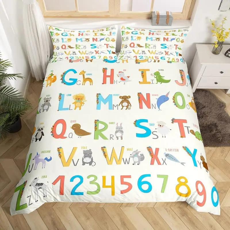 Comforter Cute Cartoon Animals Twin For Kids Boys English Alphabet Bedding Set Cute Monkey Colored Letters Comforter