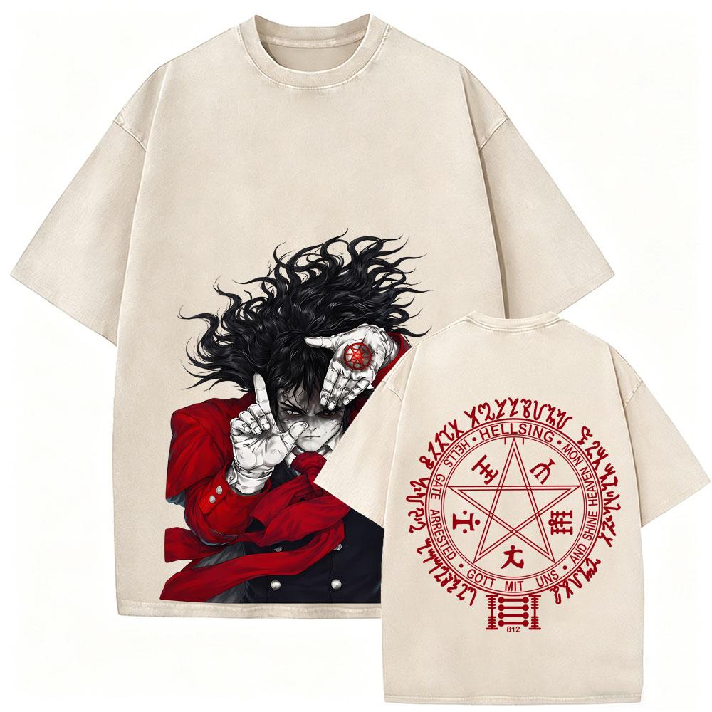 Washed Vintage Anime Hellsing Yumie Takagi Graphic Tshirt Vampire Alucard Merch Tshirts Mens Gothic Manga Oversized T Shirts