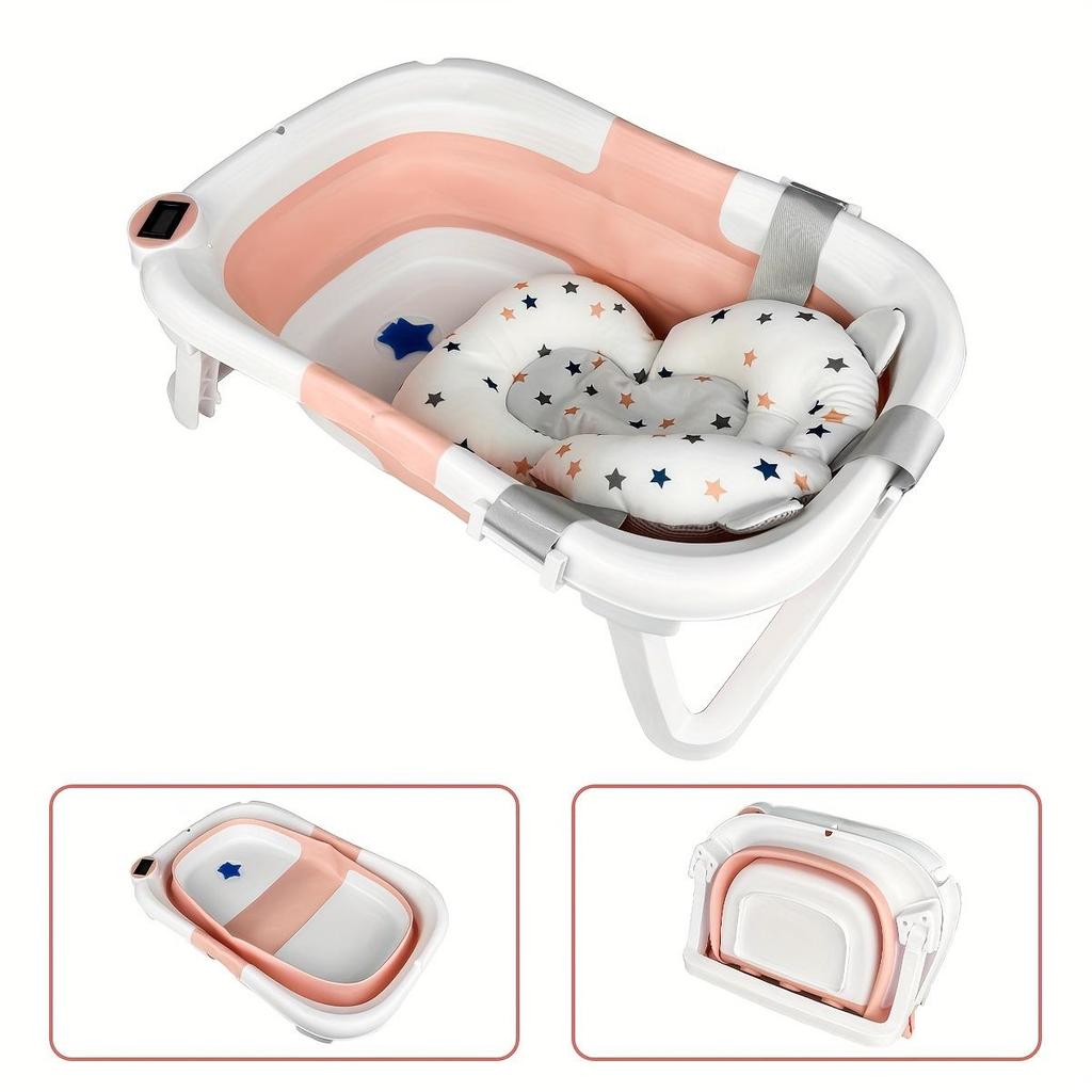 Foldable Baby Bathtub with Thermometer,Portable Travel Newborn Bathtub,with Soft Pad and Thermometer,Drainage Hole,Durable Foldable Youngsters Bathtub