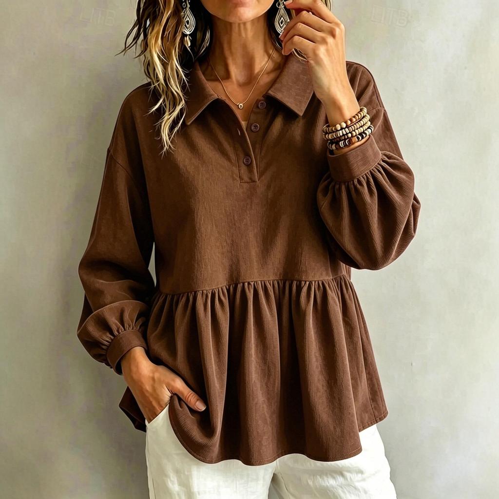 Women's Corduroy Doll Shirt with Lantern Sleeves and Waist-Cinching Design