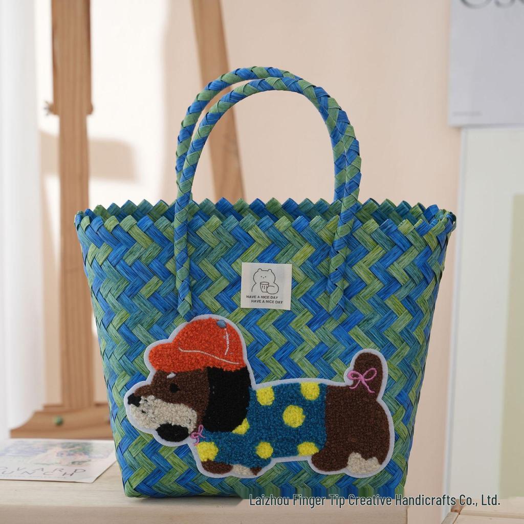 Handmade Dachshund Cartoon Rattan Tote: Woven Vegetable Basket for Work & Commute