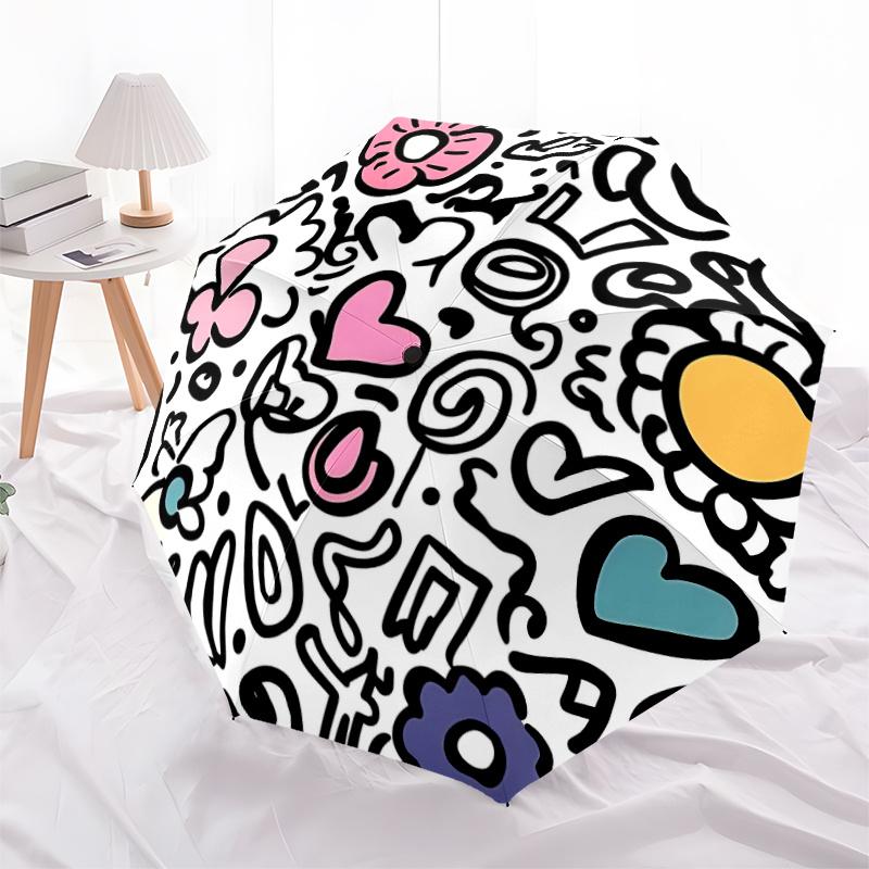 1pc Doodle Patterns Automatic Open/close Umbrella, 8-Rib Sturdy Structure, Portable Travel Umbrella, Parties, Everyday Use,32