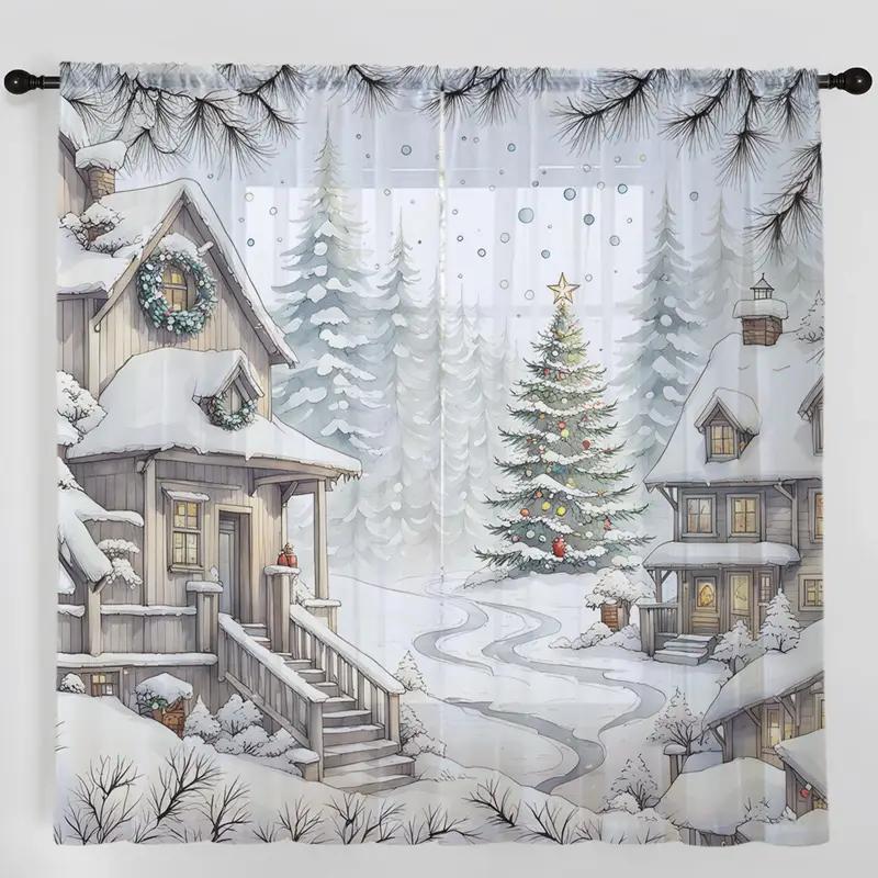 2pcs Christmas snow village sheer curtains with pole bag design, protecting privacy suitable for decoration in various scenes