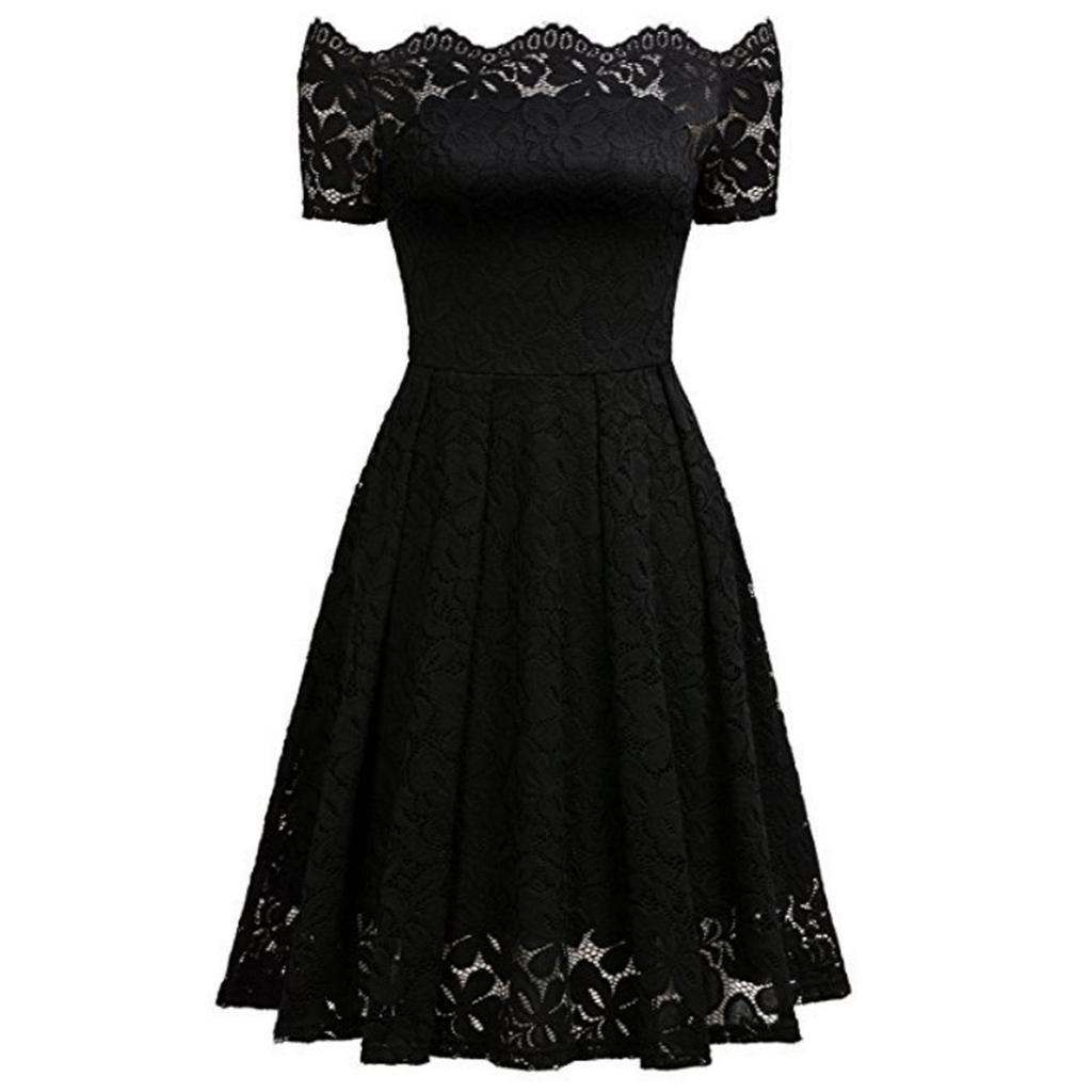 Women's  Casual Fasion Solid Color Strapless Hollow Out Short-sleeve Waist A-line Big Swing Lace With  Dress