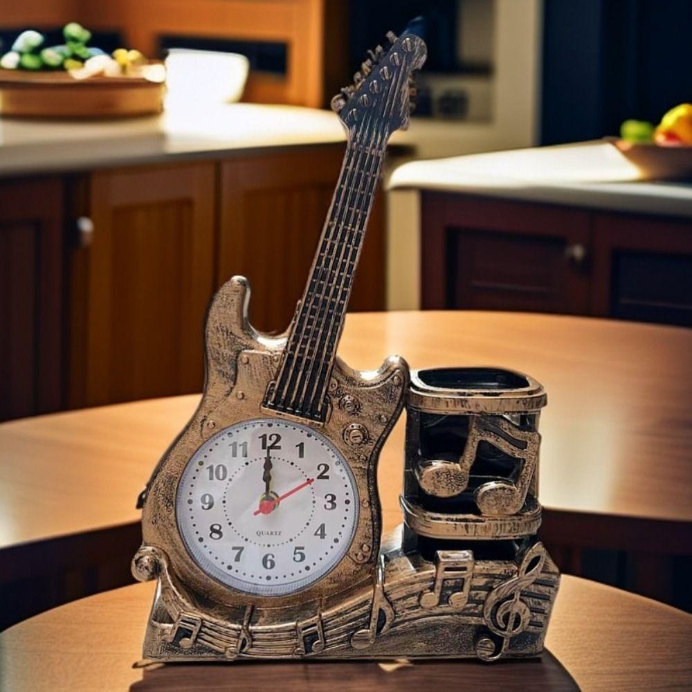 Stylish Violin Guitar Alarm Clock Creative Design Built-in Pen Organizer Study Living